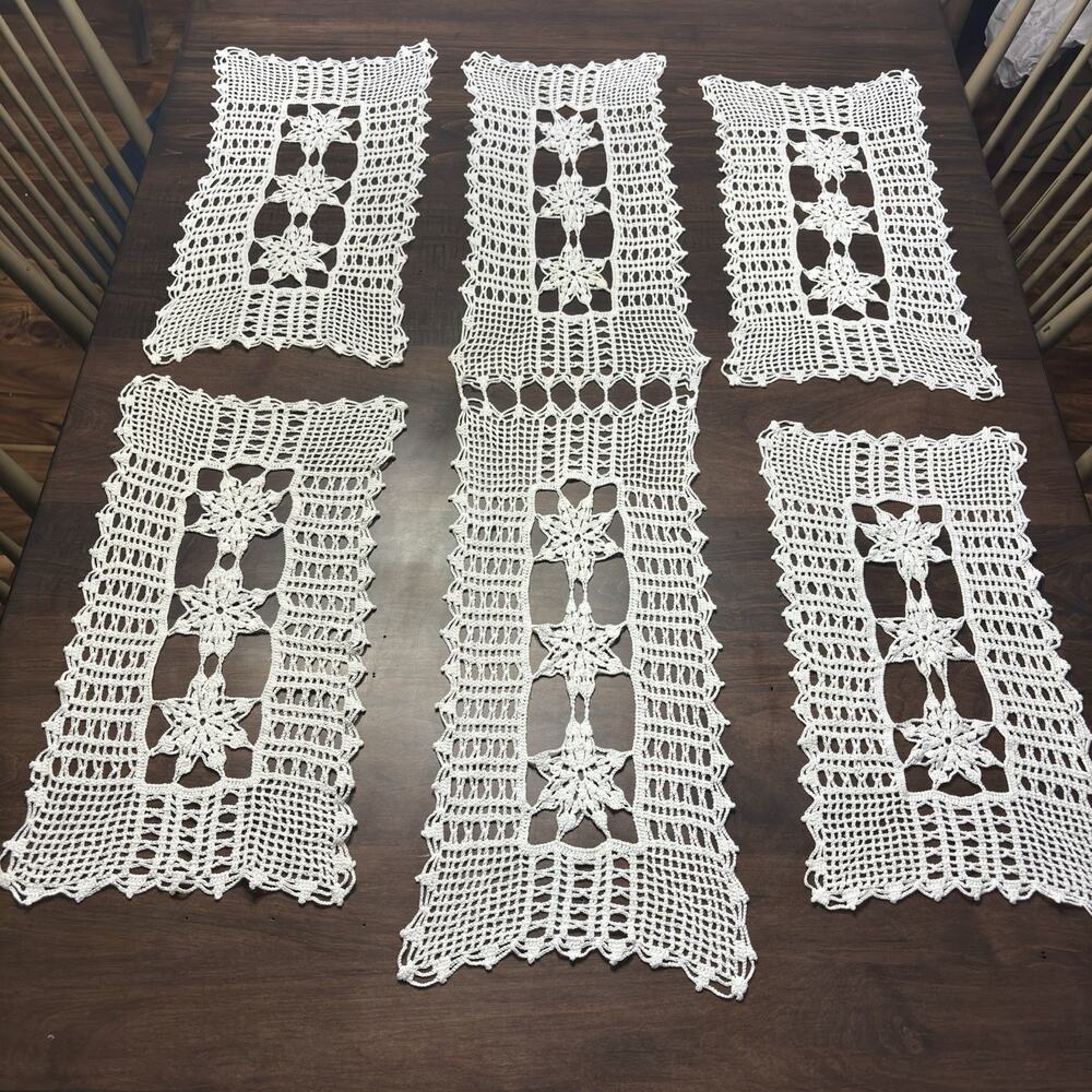 Vtg Handmade Crochet Table Runner Place Mat Set Doily Rectangle Cottage Country